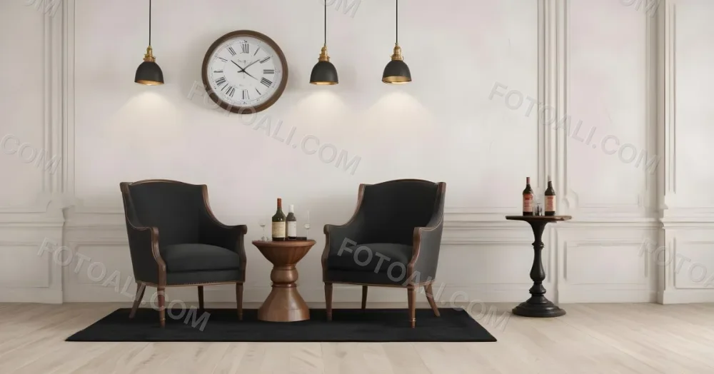 3d Model Two Elegant Chairs With Dark Upholstery And Wooden Frames Positioned Beside A Small Pedestal Table On The Table There Is A Bottle Of Whiskey A Large Wall Clock With Roman Numerals Is Mounted Above The Chair 19 2a3e