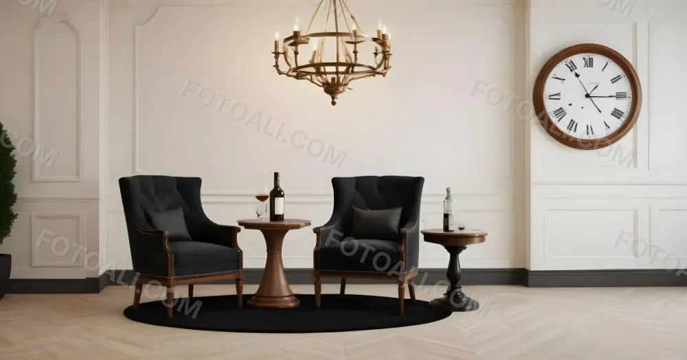3d Model Two Elegant Chairs With Dark Upholstery And Wooden Frames Positioned Beside A Small Pedestal Table On The Table There Is A Bottle Of Whiskey A Large Wall Clock With Roman Numerals Is Mounted Above The Chair 21 B875