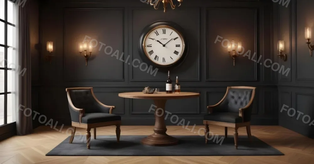 3d Model Two Elegant Chairs With Dark Upholstery And Wooden Frames Positioned Beside A Small Pedestal Table On The Table There Is A Bottle Of Whiskey A Large Wall Clock With Roman Numerals Is Mounted Above The Chair 22 928f