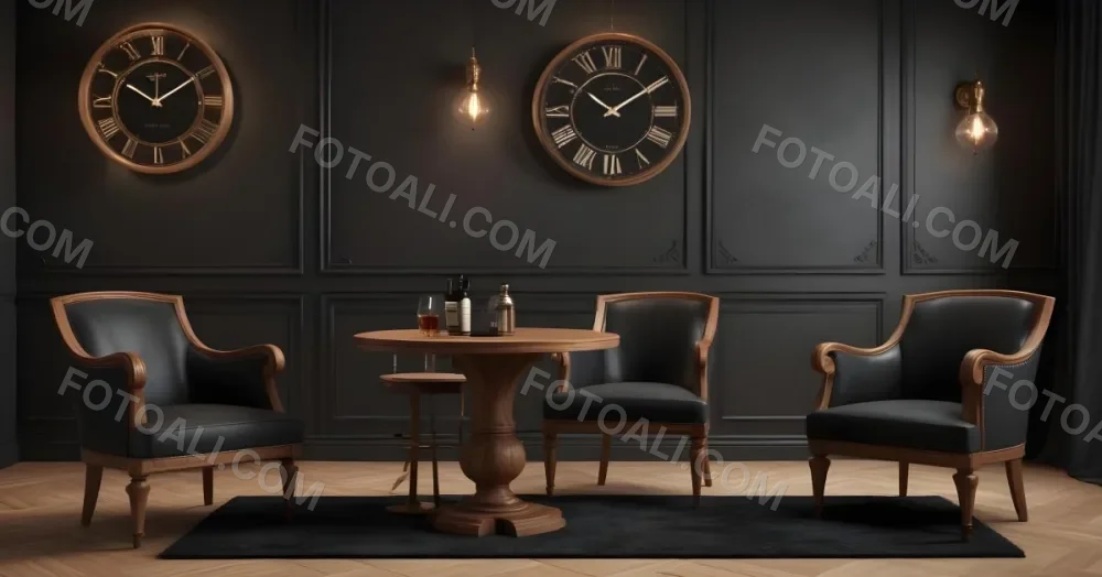 3d Model Two Elegant Chairs With Dark Upholstery And Wooden Frames Positioned Beside A Small Pedestal Table On The Table There Is A Bottle Of Whiskey A Large Wall Clock With Roman Numerals Is Mounted Above The Chair 23 8397