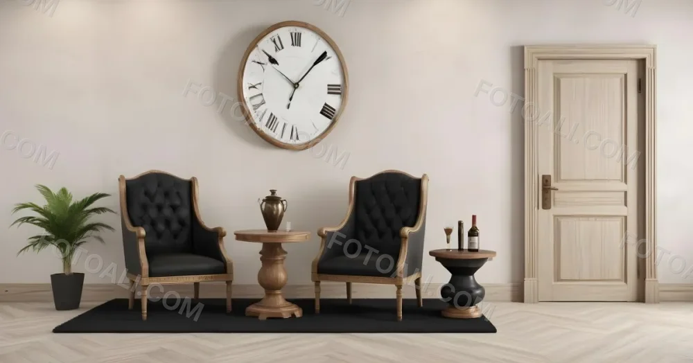 3d Model Two Elegant Chairs With Dark Upholstery And Wooden Frames Positioned Beside A Small Pedestal Table On The Table There Is A Bottle Of Whiskey A Large Wall Clock With Roman Numerals Is Mounted Above The Chair 24 650b
