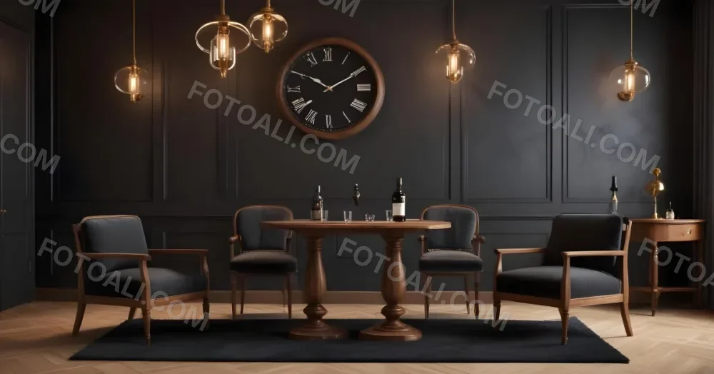 3d Model Two Elegant Chairs With Dark Upholstery And Wooden Frames Positioned Beside A Small Pedestal Table On The Table There Is A Bottle Of Whiskey A Large Wall Clock With Roman Numerals Is Mounted Above The Chair 25 40dd
