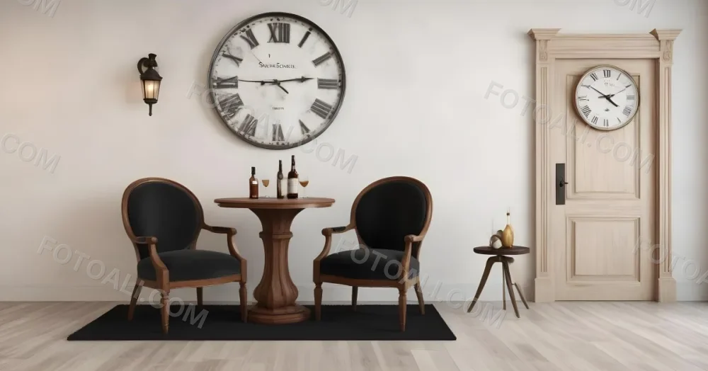 3d Model Two Elegant Chairs With Dark Upholstery And Wooden Frames Positioned Beside A Small Pedestal Table On The Table There Is A Bottle Of Whiskey A Large Wall Clock With Roman Numerals Is Mounted Above The Chair 3 Cb14