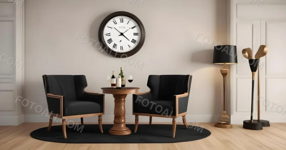 3d Model Two Elegant Chairs With Dark Upholstery And Wooden Frames Positioned Beside A Small Pedestal Table On The Table There Is A Bottle Of Whiskey A Large Wall Clock With Roman Numerals Is Mounted Above The Chair 4 4f3b