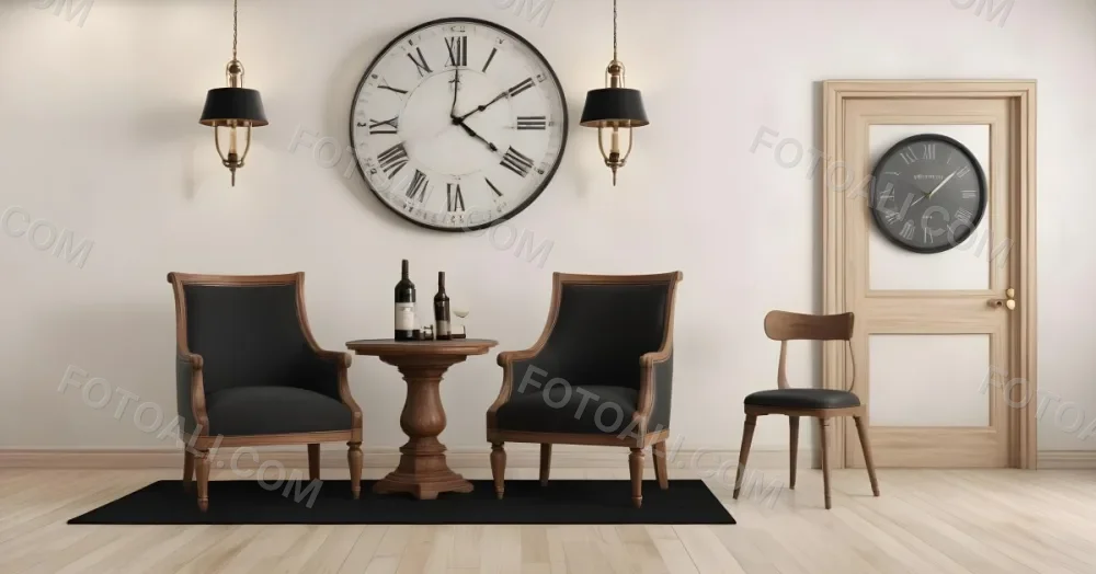 3d Model Two Elegant Chairs With Dark Upholstery And Wooden Frames Positioned Beside A Small Pedestal Table On The Table There Is A Bottle Of Whiskey A Large Wall Clock With Roman Numerals Is Mounted Above The Chair 5 F8bd