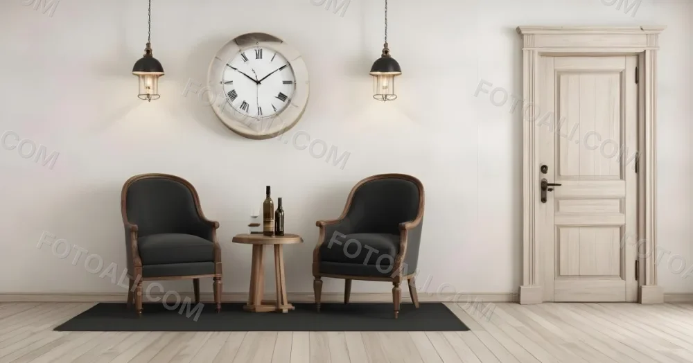 3d Model Two Elegant Chairs With Dark Upholstery And Wooden Frames Positioned Beside A Small Pedestal Table On The Table There Is A Bottle Of Whiskey A Large Wall Clock With Roman Numerals Is Mounted Above The Chair 6 Db87