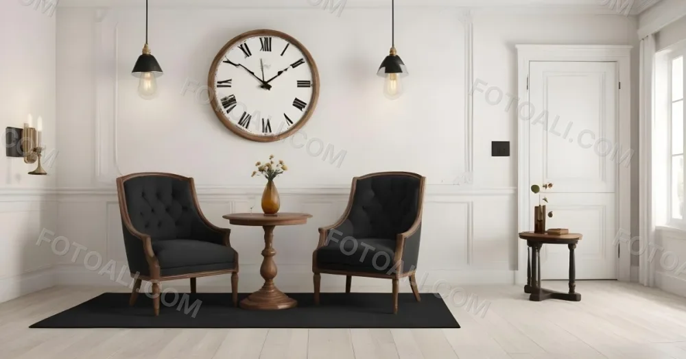 3d Model Two Elegant Chairs With Dark Upholstery And Wooden Frames Positioned Beside A Small Pedestal Table On The Table There Is A Bottle Of Whiskey A Large Wall Clock With Roman Numerals Is Mounted Above The Chair 7 41ce