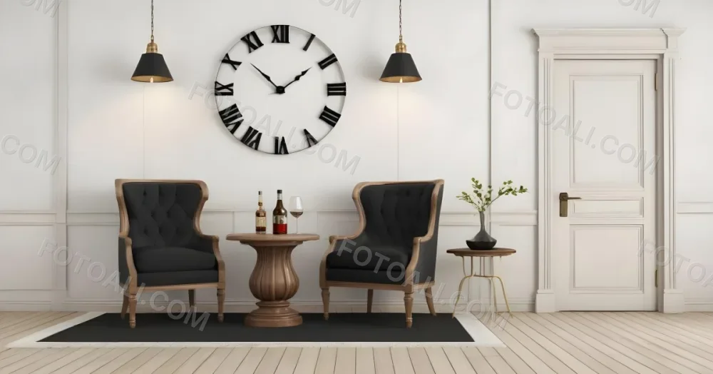 3d Model Two Elegant Chairs With Dark Upholstery And Wooden Frames Positioned Beside A Small Pedestal Table On The Table There Is A Bottle Of Whiskey A Large Wall Clock With Roman Numerals Is Mounted Above The Chair 8 Fc3c