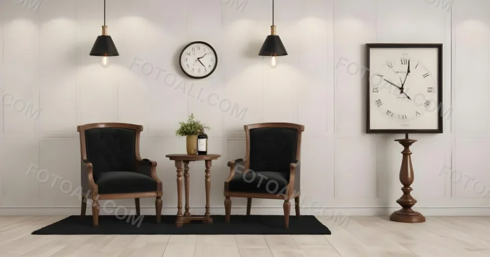 3d Model Two Elegant Chairs With Dark Upholstery And Wooden Frames Positioned Beside A Small Pedestal Table On The Table There Is A Bottle Of Whiskey A Large Wall Clock With Roman Numerals Is Mounted Above The Chair 9 9bbc