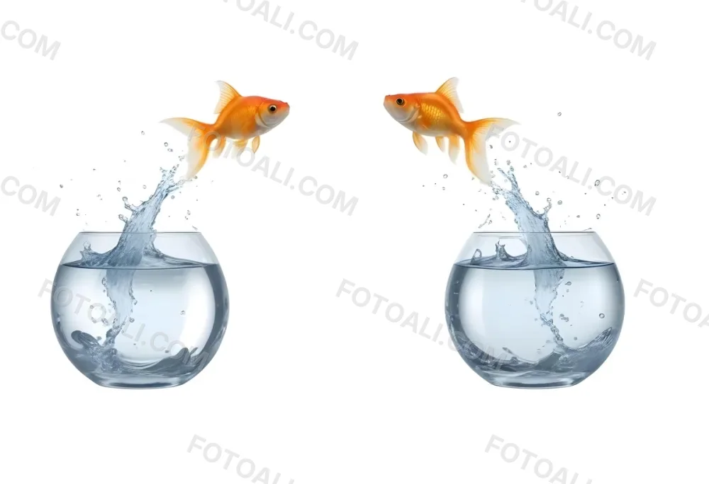 3d Model Two Goldfish Jumping Out Of A Fishbowl With Water Splash On A White Background Figure Octane Render Volumetric Highly Detailed Videogame Aesthetic 17 07e3