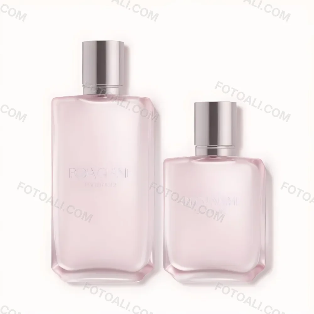 3d Model Two Pink Perfume Bottles With Silver Caps One Large And One Small On A Light Pink Background Minimalist Design Soft Lighting Elegant Presentation Figure Octane Render Volumetric Highly Detailed Videogam 12 C1e0
