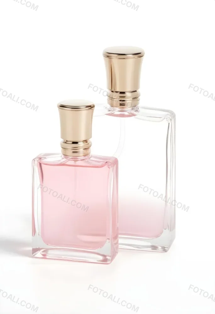 3d Model Two Pink Perfume Bottles With Silver Caps One Large And One Small On A Light Pink Background Minimalist Design Soft Lighting Elegant Presentation Figure Octane Render Volumetric Highly Detailed Videogam 15 Ab20