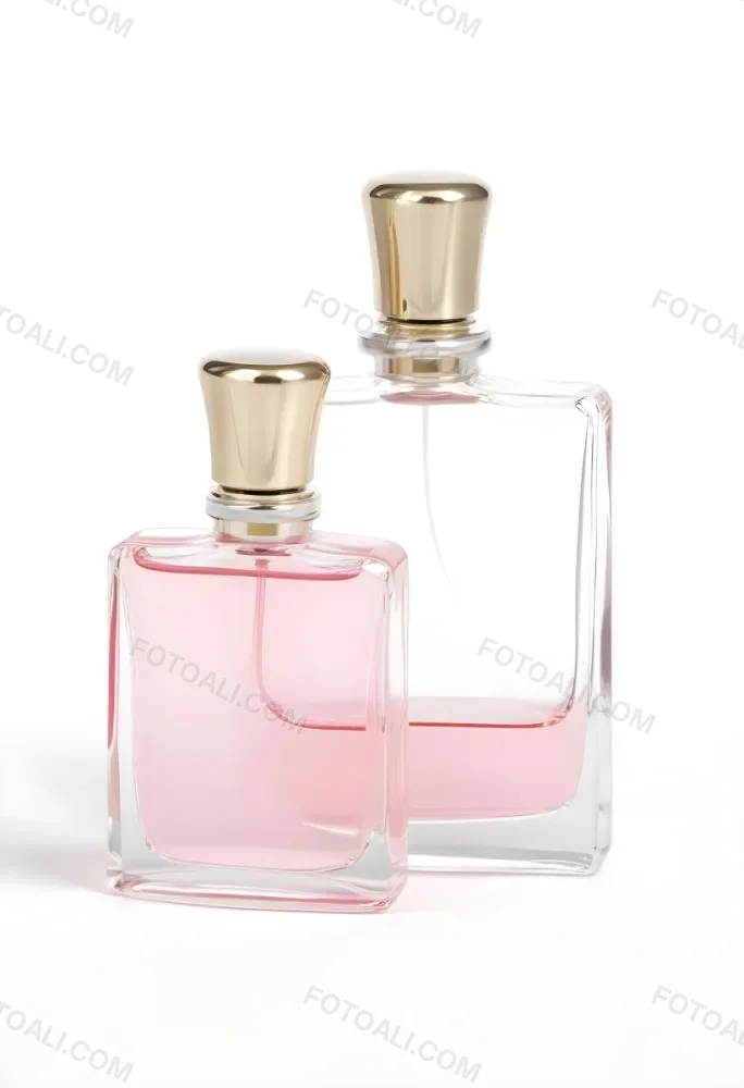 3d Model Two Pink Perfume Bottles With Silver Caps One Large And One Small On A Light Pink Background Minimalist Design Soft Lighting Elegant Presentation Figure Octane Render Volumetric Highly Detailed Videogam 19 19c0