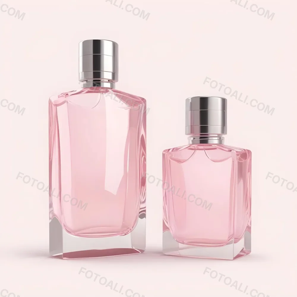 3d Model Two Pink Perfume Bottles With Silver Caps One Large And One Small On A Light Pink Background Minimalist Design Soft Lighting Elegant Presentation Figure Octane Render Volumetric Highly Detailed Videogam 22 58da