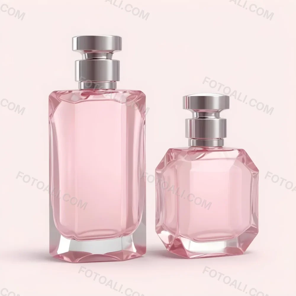 3d Model Two Pink Perfume Bottles With Silver Caps One Large And One Small On A Light Pink Background Minimalist Design Soft Lighting Elegant Presentation Figure Octane Render Volumetric Highly Detailed Videogam 27 1925