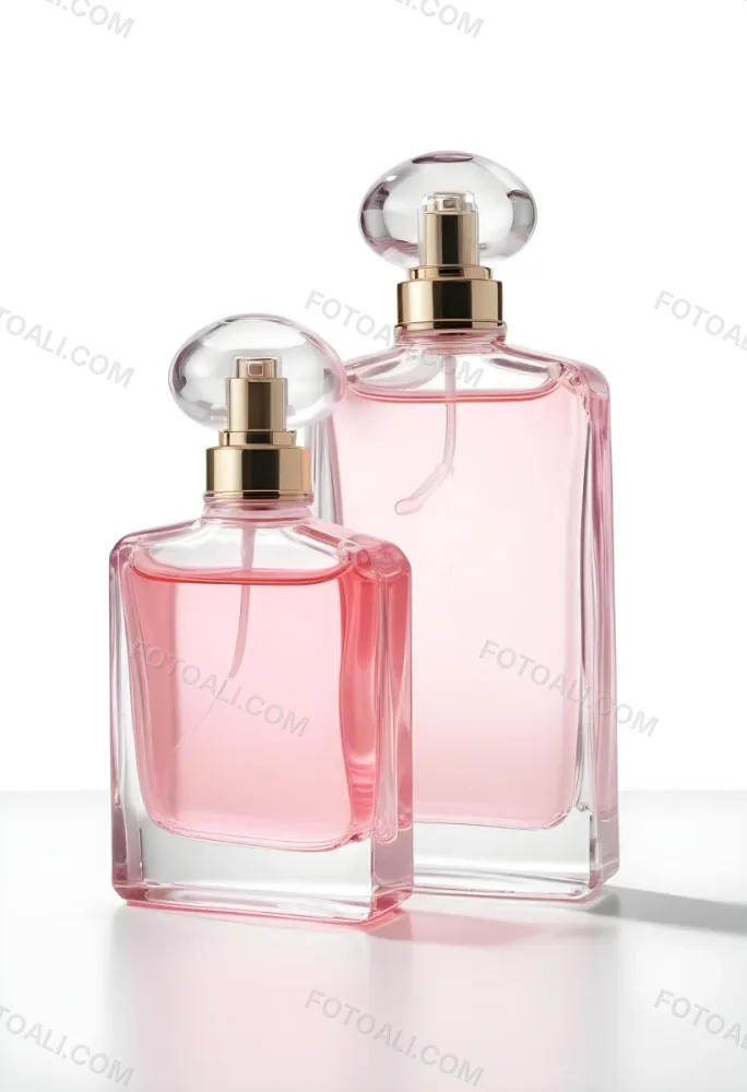 3d Model Two Pink Perfume Bottles With Silver Caps One Large And One Small On A Light Pink Background Minimalist Design Soft Lighting Elegant Presentation Figure Octane Render Volumetric Highly Detailed Videogam 3 1305
