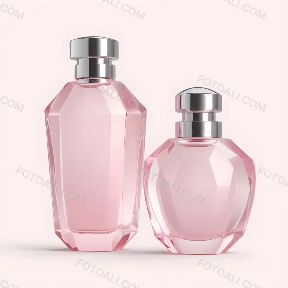 3d Model Two Pink Perfume Bottles With Silver Caps One Large And One Small On A Light Pink Background Minimalist Design Soft Lighting Elegant Presentation Figure Octane Render Volumetric Highly Detailed Videogam 34 A4ba
