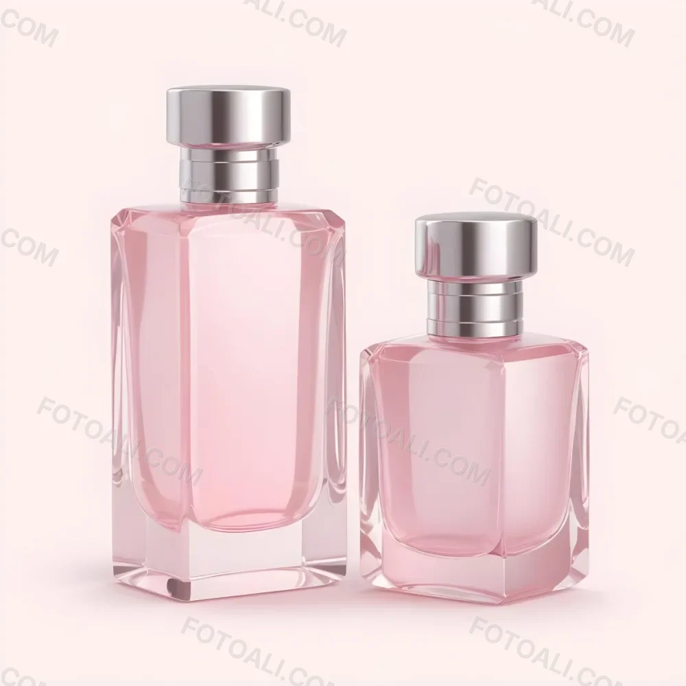 3d Model Two Pink Perfume Bottles With Silver Caps One Large And One Small On A Light Pink Background Minimalist Design Soft Lighting Elegant Presentation Figure Octane Render Volumetric Highly Detailed Videogam 39 E6d6