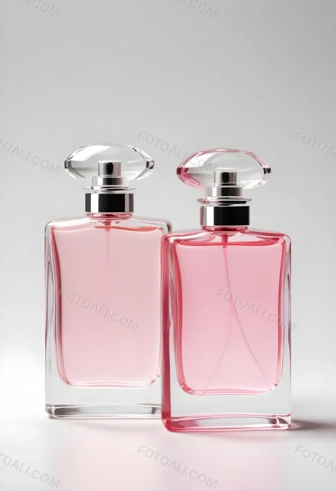 3d Model Two Pink Perfume Bottles With Silver Caps One Large And One Small On A Light Pink Background Minimalist Design Soft Lighting Elegant Presentation Figure Octane Render Volumetric Highly Detailed Videogam 5 6395