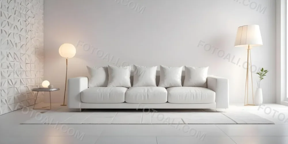 3d Model White Modern Sofa With Multiple Cushions In A Minimalist Interior Featuring A Geometric Patterned White Wall And A Floor Lamp Beside The Sofa The Flooring Is Also White Creating A Clean And Bright Atmosphere 1 0bf9