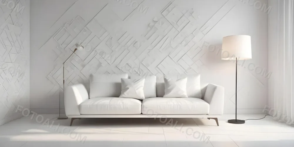 3d Model White Modern Sofa With Multiple Cushions In A Minimalist Interior Featuring A Geometric Patterned White Wall And A Floor Lamp Beside The Sofa The Flooring Is Also White Creating A Clean And Bright Atmosphere 10 C6cf
