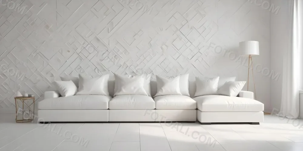 3d Model White Modern Sofa With Multiple Cushions In A Minimalist Interior Featuring A Geometric Patterned White Wall And A Floor Lamp Beside The Sofa The Flooring Is Also White Creating A Clean And Bright Atmosphere 11 D7e7
