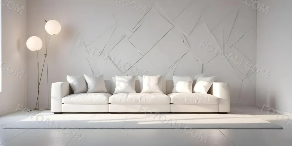 3d Model White Modern Sofa With Multiple Cushions In A Minimalist Interior Featuring A Geometric Patterned White Wall And A Floor Lamp Beside The Sofa The Flooring Is Also White Creating A Clean And Bright Atmosphere 12 Be48