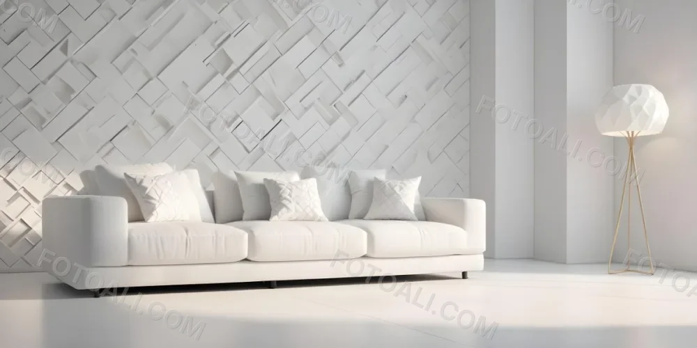3d Model White Modern Sofa With Multiple Cushions In A Minimalist Interior Featuring A Geometric Patterned White Wall And A Floor Lamp Beside The Sofa The Flooring Is Also White Creating A Clean And Bright Atmosphere 13 93a6