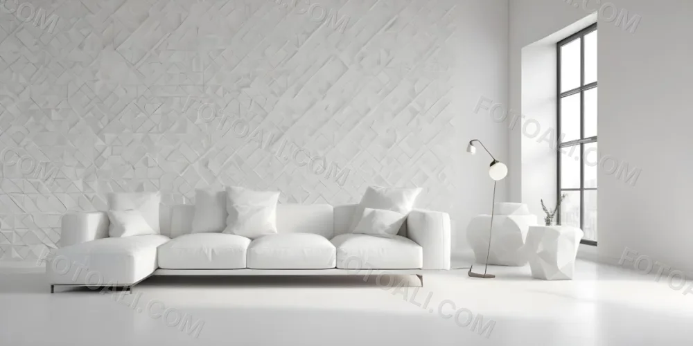 3d Model White Modern Sofa With Multiple Cushions In A Minimalist Interior Featuring A Geometric Patterned White Wall And A Floor Lamp Beside The Sofa The Flooring Is Also White Creating A Clean And Bright Atmosphere 14 Ea52