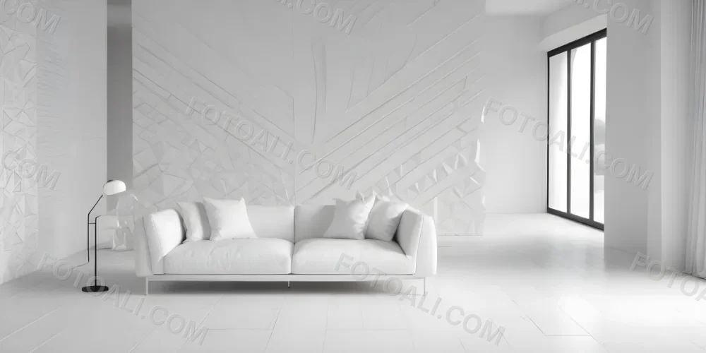 3d Model White Modern Sofa With Multiple Cushions In A Minimalist Interior Featuring A Geometric Patterned White Wall And A Floor Lamp Beside The Sofa The Flooring Is Also White Creating A Clean And Bright Atmosphere 15 8e71