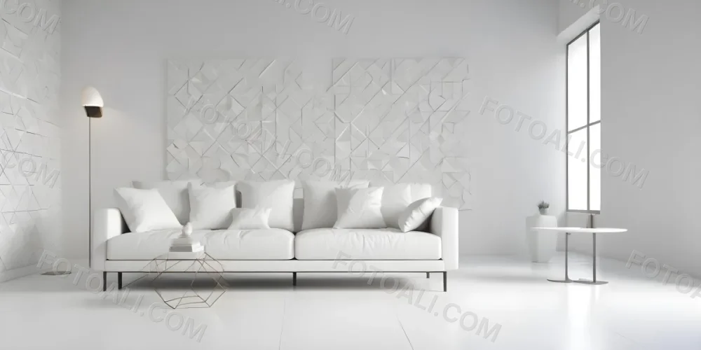 3d Model White Modern Sofa With Multiple Cushions In A Minimalist Interior Featuring A Geometric Patterned White Wall And A Floor Lamp Beside The Sofa The Flooring Is Also White Creating A Clean And Bright Atmosphere 16 40d1