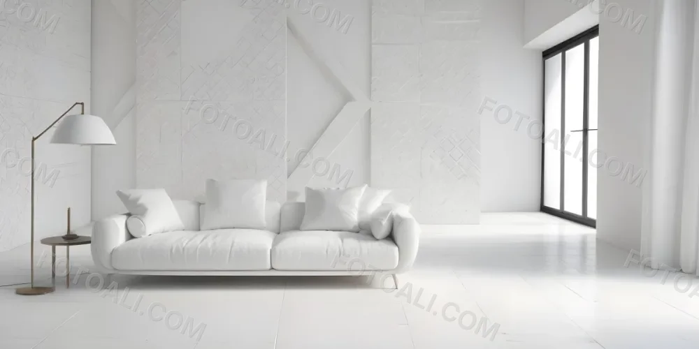 3d Model White Modern Sofa With Multiple Cushions In A Minimalist Interior Featuring A Geometric Patterned White Wall And A Floor Lamp Beside The Sofa The Flooring Is Also White Creating A Clean And Bright Atmosphere 17 71c1