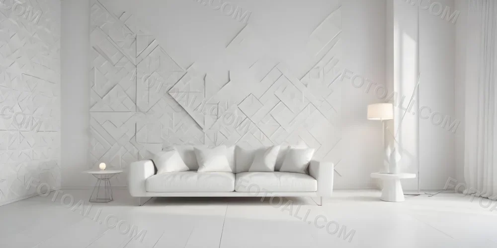 3d Model White Modern Sofa With Multiple Cushions In A Minimalist Interior Featuring A Geometric Patterned White Wall And A Floor Lamp Beside The Sofa The Flooring Is Also White Creating A Clean And Bright Atmosphere 18 7e3b