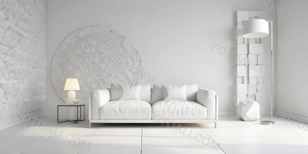 3d Model White Modern Sofa With Multiple Cushions In A Minimalist Interior Featuring A Geometric Patterned White Wall And A Floor Lamp Beside The Sofa The Flooring Is Also White Creating A Clean And Bright Atmosphere 19 F471