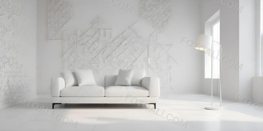 3d Model White Modern Sofa With Multiple Cushions In A Minimalist Interior Featuring A Geometric Patterned White Wall And A Floor Lamp Beside The Sofa The Flooring Is Also White Creating A Clean And Bright Atmosphere 20 E7de