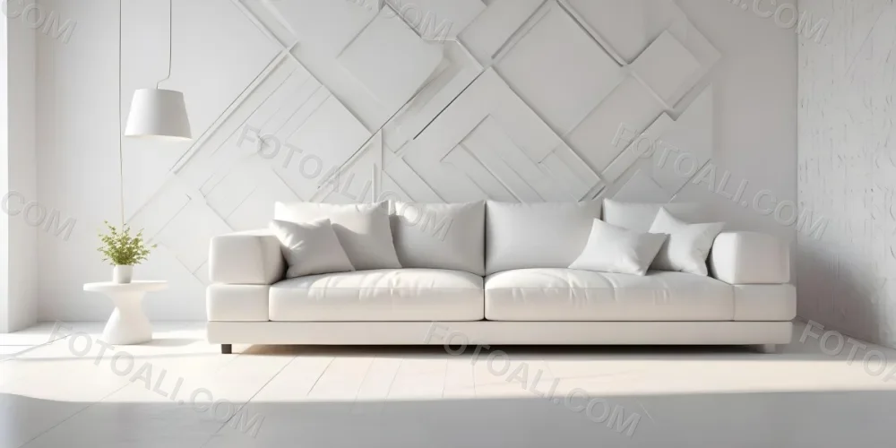 3d Model White Modern Sofa With Multiple Cushions In A Minimalist Interior Featuring A Geometric Patterned White Wall And A Floor Lamp Beside The Sofa The Flooring Is Also White Creating A Clean And Bright Atmosphere 3 Daca