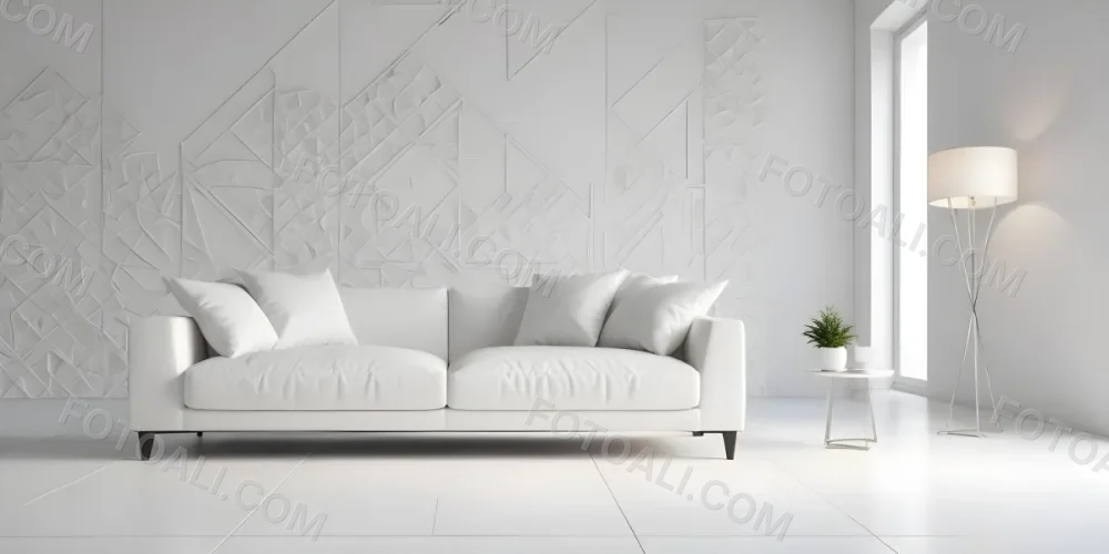 3d Model White Modern Sofa With Multiple Cushions In A Minimalist Interior Featuring A Geometric Patterned White Wall And A Floor Lamp Beside The Sofa The Flooring Is Also White Creating A Clean And Bright Atmosphere 5 013d