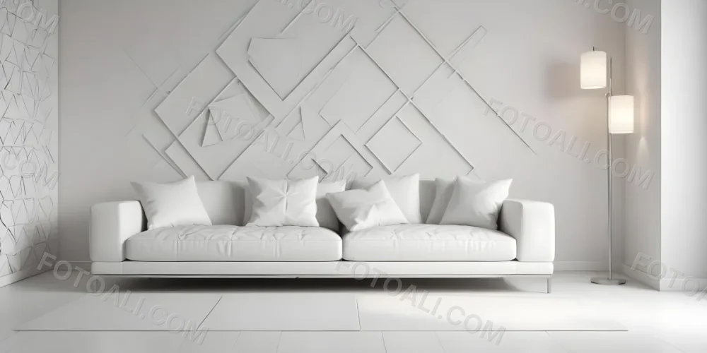 3d Model White Modern Sofa With Multiple Cushions In A Minimalist Interior Featuring A Geometric Patterned White Wall And A Floor Lamp Beside The Sofa The Flooring Is Also White Creating A Clean And Bright Atmosphere 6 D1bc