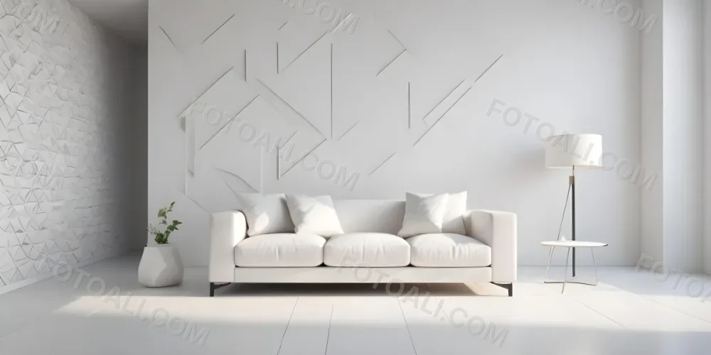 3d Model White Modern Sofa With Multiple Cushions In A Minimalist Interior Featuring A Geometric Patterned White Wall And A Floor Lamp Beside The Sofa The Flooring Is Also White Creating A Clean And Bright Atmosphere 8 26f2