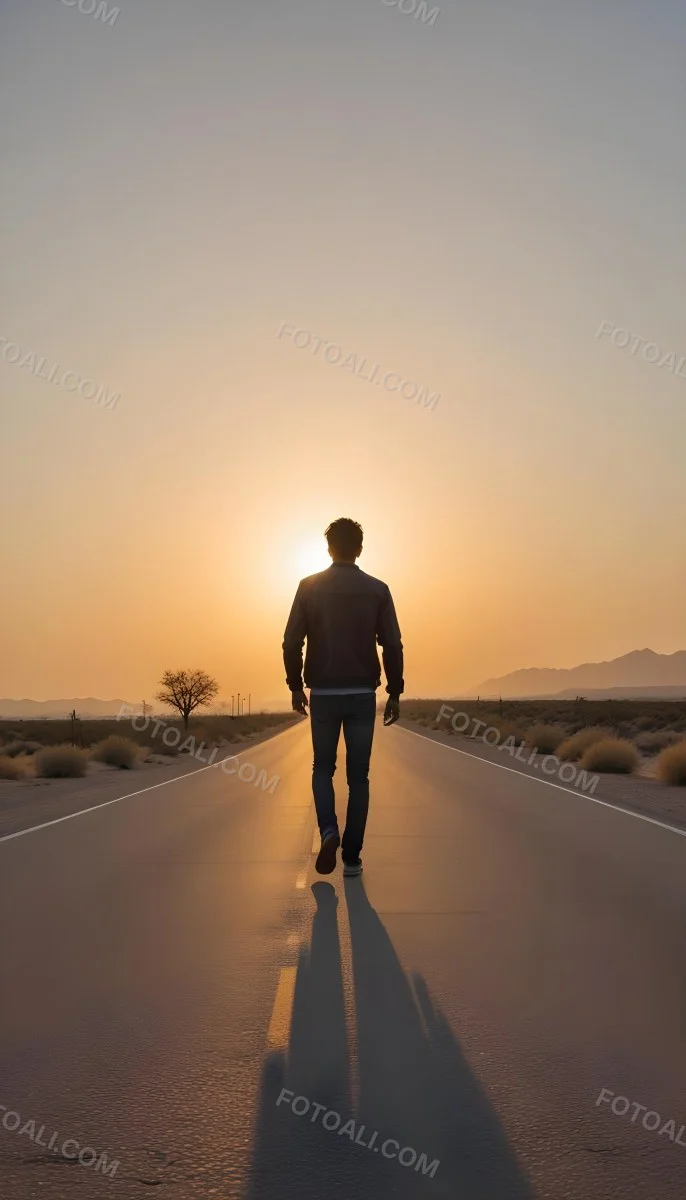 A 25 Year Old Indian Man With Black Hair Walking Away On A Road During Sunset Wearing A Jacket And Jeans In A Desert Landscape 13 271d