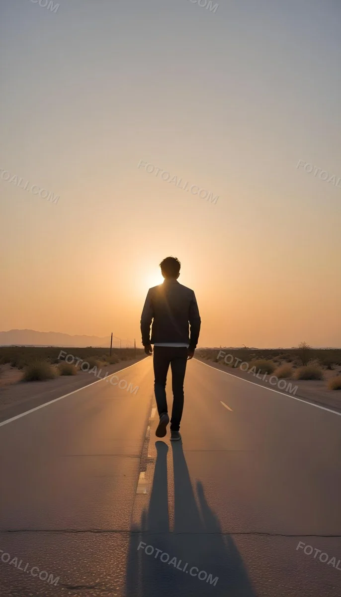 A 25 Year Old Indian Man With Black Hair Walking Away On A Road During Sunset Wearing A Jacket And Jeans In A Desert Landscape 15 1f3a