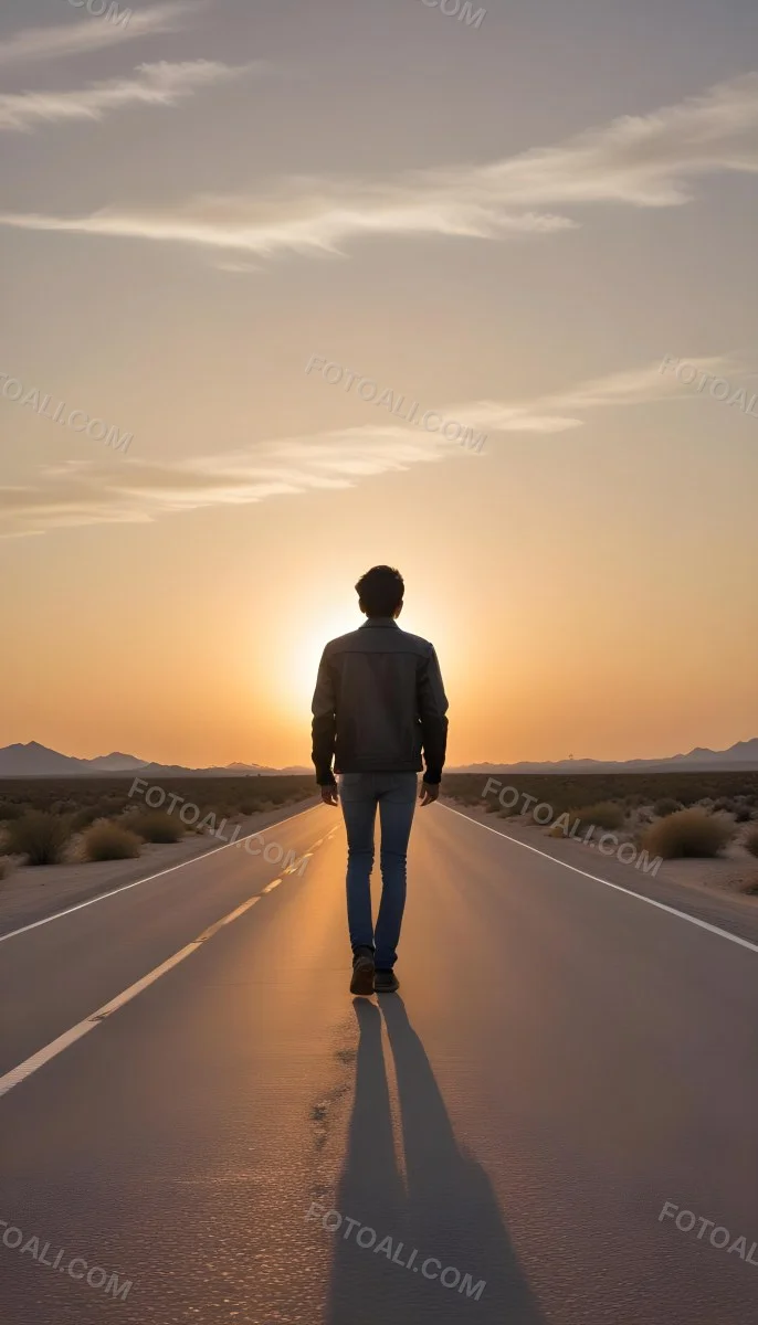 A 25 Year Old Indian Man With Black Hair Walking Away On A Road During Sunset Wearing A Jacket And Jeans In A Desert Landscape 24 5e17