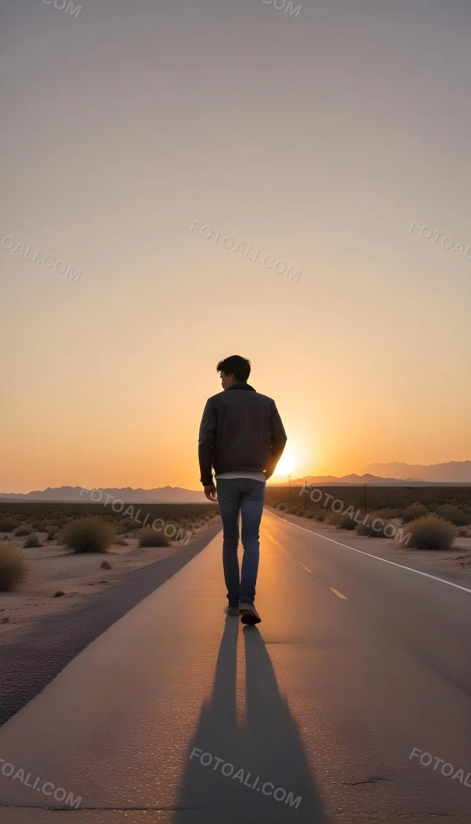 A 25 Year Old Indian Man With Black Hair Walking Away On A Road During Sunset Wearing A Jacket And Jeans In A Desert Landscape 30 Bb7e