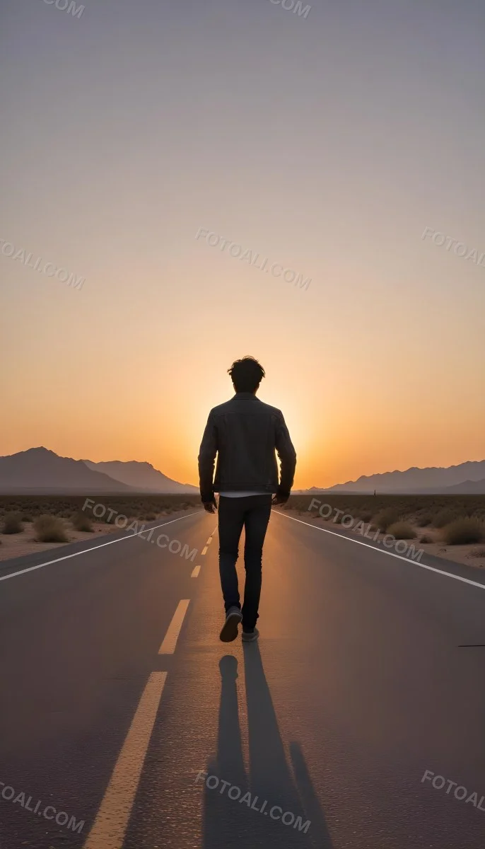 A 25 Year Old Indian Man With Black Hair Walking Away On A Road During Sunset Wearing A Jacket And Jeans In A Desert Landscape 34 0c4e