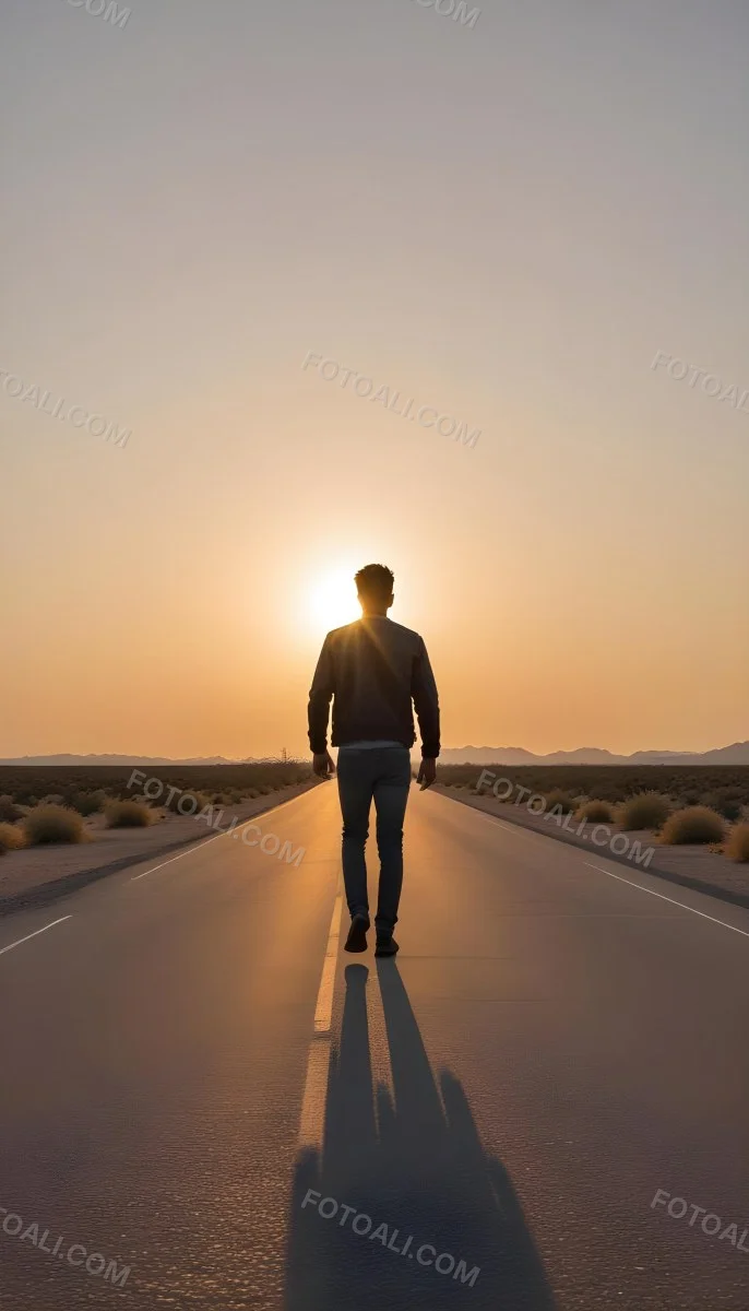 A 25 Year Old Indian Man With Black Hair Walking Away On A Road During Sunset Wearing A Jacket And Jeans In A Desert Landscape 36 15ee