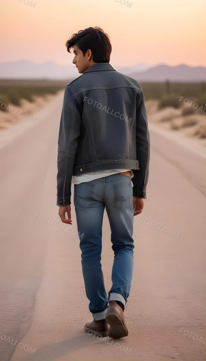 A 25 Year Old Indian Man With Black Hair Walking Away On A Road During Sunset Wearing A Jacket And Jeans In A Desert Landscape 39 7004