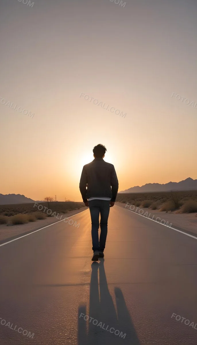 A 25 Year Old Indian Man With Black Hair Walking Away On A Road During Sunset Wearing A Jacket And Jeans In A Desert Landscape 4 293f