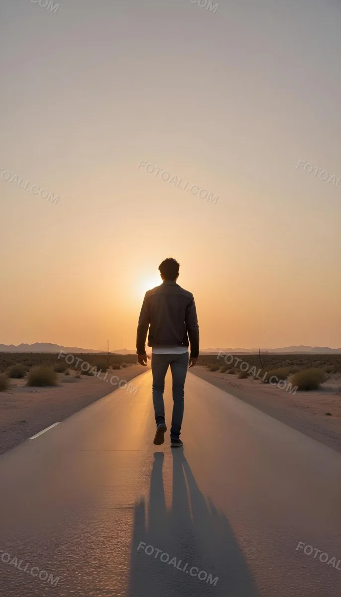 A 25 Year Old Indian Man With Black Hair Walking Away On A Road During Sunset Wearing A Jacket And Jeans In A Desert Landscape 40 29b9