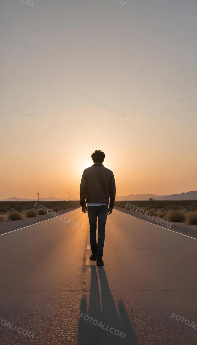 A 25 Year Old Indian Man With Black Hair Walking Away On A Road During Sunset Wearing A Jacket And Jeans In A Desert Landscape 41 8030