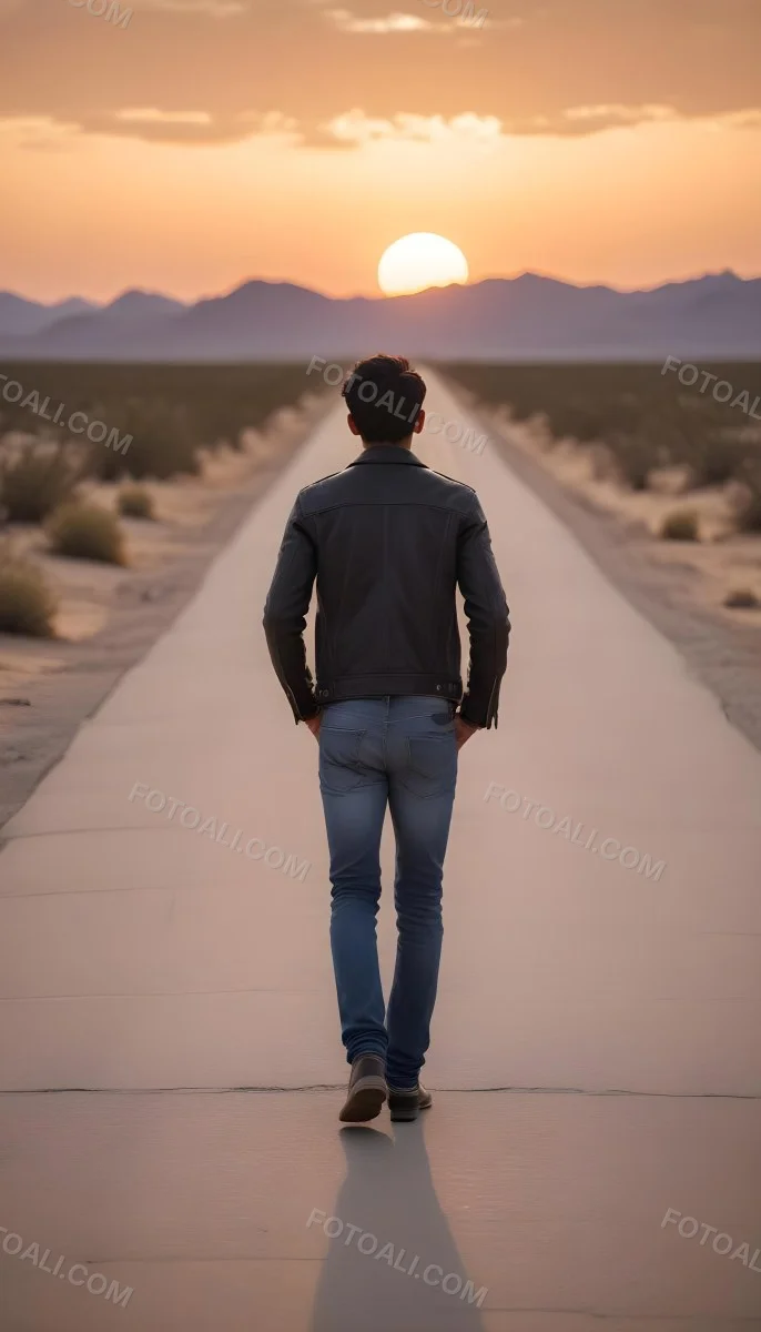 A 25 Year Old Indian Man With Black Hair Walking Away On A Road During Sunset Wearing A Jacket And Jeans In A Desert Landscape 43 2c0a